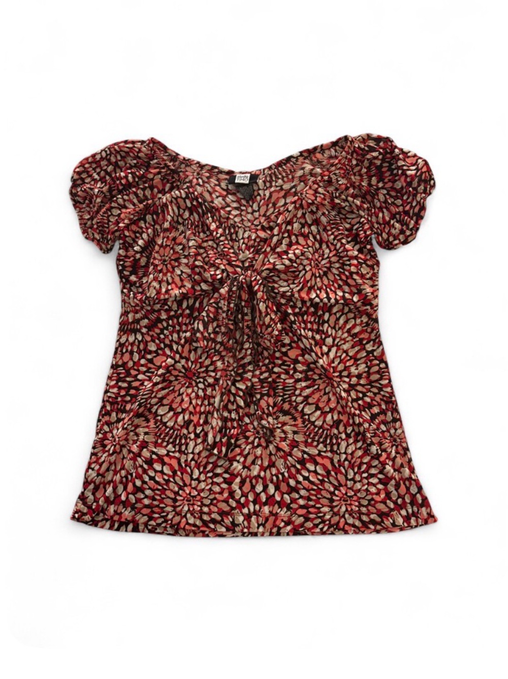 Vintage Y2K Studio 1940 Red, Black, and Beige Patterned Blouse